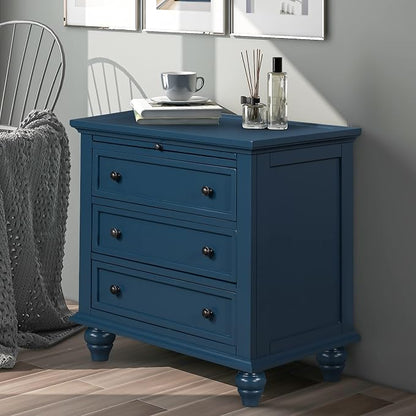 Merax Wood Nightstand with 3 Storage Drawers, Bedside End Table with Pull Out Tray, Blue (No Guide Rails)