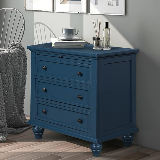 Merax Wood Nightstand with 3 Storage Drawers, Bedside End Table with Pull Out Tray, Blue (No Guide Rails)