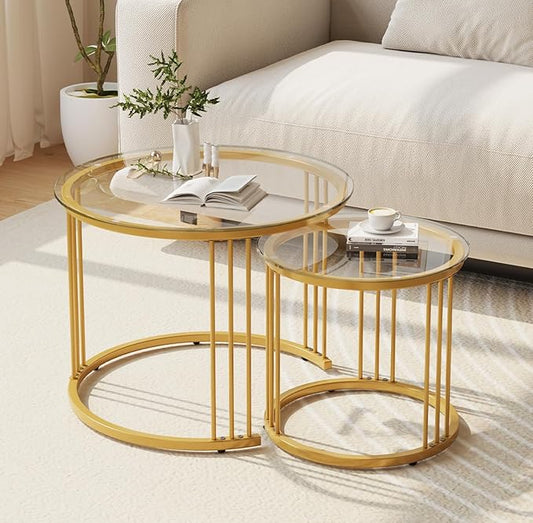 Garden 4 you Nesting Coffee Table, 23.6" Round Coffee Table Set of 2, Glass Nesting Table with Metal Frame, Ceter Tables for Living Room Bedroom Balcony, Gold