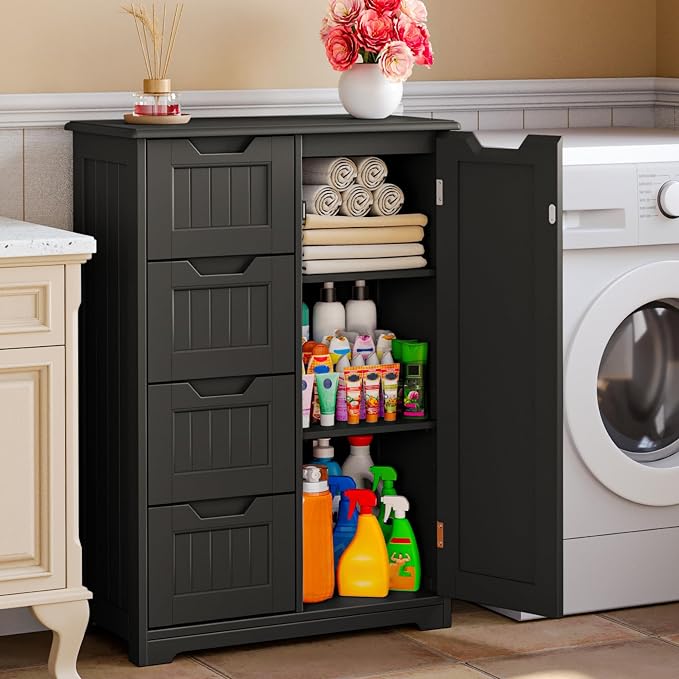 Gizoon Small Kitchen Pantry Storage Cabinet with Door and Shelves, 33'' Kitchen Pantry Cabinet Freestanding Wooden Bathroom Storage Cabinet with 4 Drawers for Kitchen and Dining Room, Black, Painted