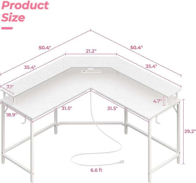 Huuger L Shaped Gaming Desk with Power Outlets & LED Lights, Computer Desk with Monitor Shelves, Carbon Fiber Surface, Home Office Desk, Corner Gaming Desk with Hooks, Carbon Fiber White