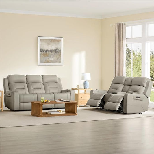 Watson & Whitely Genuine Leather Power Loveseat and Recliner Sofa Set, Lay Flat Reclining Couch with Console, Power Headrest, USB & Wireless Charging, Cup Holders for Living Room, Grey