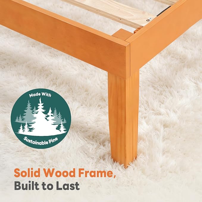 Sweetcrispy Queen Size Bed Frame 16 inch Heavy Duty Platform Bedframe, 1000 lbs Capacity, Underbed Storage, No Box Spring Needed, Wooden Slats, Easy Assembly with Velcro, Honey Finish