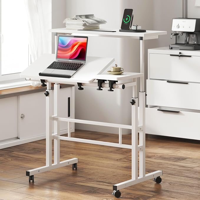 SogesHome 31.5 inches Adjustable Laptop Desk Table, Portable Computer Stand with Cart Tray and Computer Host Stand, Black