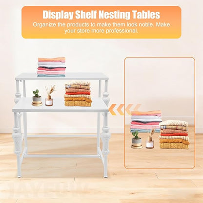 Retail Display Tables White Boutique Nesting Tables | 2 Piece Set, Vintage Display Table, Clothing Shoes Display Shelf, For Retail Stores, Carbon Steel