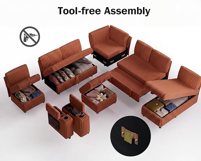 Vipbear 130" Modular Sectional Sleeper Sofa with Pull Out Bed, 9 Seat Corduroy L Shaped Couch with Ottoman and Chaise|USB Ports|Cup Holders|Side Table, Tool Free Assembly, Orange