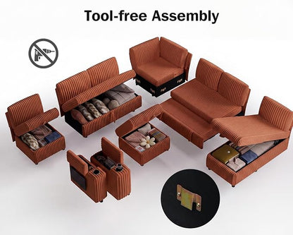 Vipbear 130" Modular Sectional Sleeper Sofa with Pull Out Bed, 9 Seat Corduroy L Shaped Couch with Ottoman and Chaise|USB Ports|Cup Holders|Side Table, Tool Free Assembly, Orange