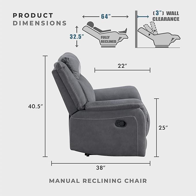 Lexicon Manual Recliner Chair, Polished Microfiber Reclining Sofa Chair, Home Theater Seating, Wall Hugger Manual Recliner for Living Room/Office/Apartment, Gray