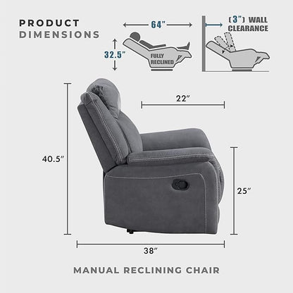 Lexicon Manual Recliner Chair, Polished Microfiber Reclining Sofa Chair, Home Theater Seating, Wall Hugger Manual Recliner for Living Room/Office/Apartment, Gray