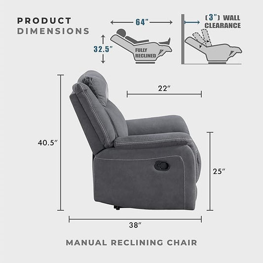Lexicon Manual Recliner Chair, Polished Microfiber Reclining Sofa Chair, Home Theater Seating, Wall Hugger Manual Recliner for Living Room/Office/Apartment, Gray