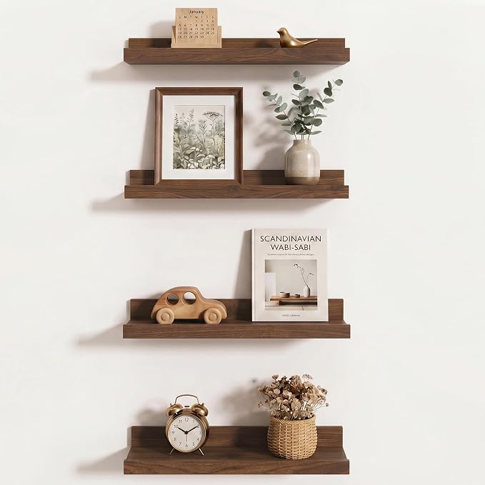 Axeman Picture Ledge Shelf | 16 Inch Walnut Floating Shelves Set of 4 | Rustic Wood Wall Shelves with Lip | 16" Picture Shelves for Wall with Ledge | Walnut Photo Shelves