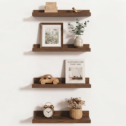 Axeman Picture Ledge Shelf | 16 Inch Walnut Floating Shelves Set of 4 | Rustic Wood Wall Shelves with Lip | 16" Picture Shelves for Wall with Ledge | Walnut Photo Shelves