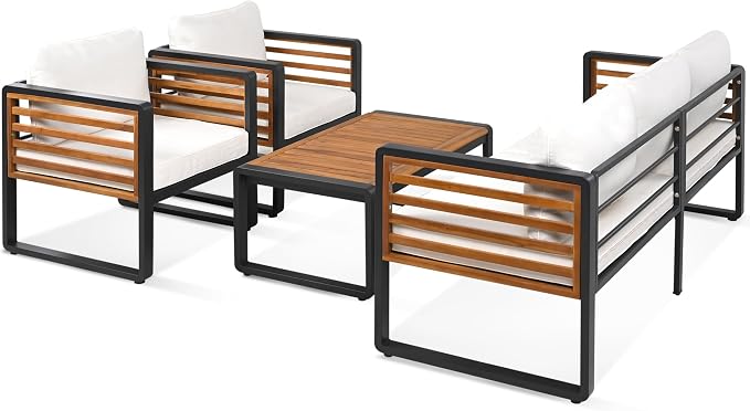 Outdoor furniture set with wooden table and chairs on a white background