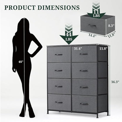 8-Drawer Dresser for Bedroom, Anti-Tip Tall Storage Organizer Chest of Drawers with Wooden Top and Metal Frame Fabric Bins for Closet, Living Room, Hallway, Entryway, Gray