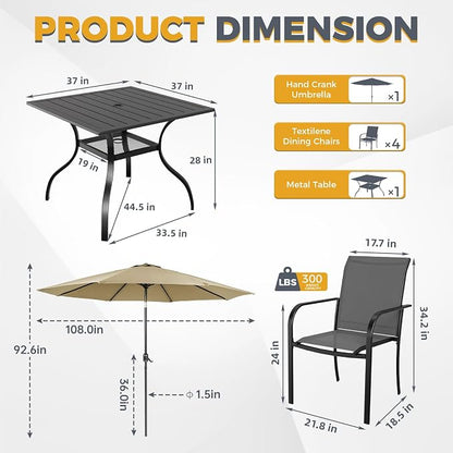 SUNCROWN 6 - Piece Outdoor Dining Set, Patio Furniture Set with 4 Textilene Dinning Chairs, 1 Steel Slat Metal Bistro Table and 1 Brown 9Ft Patio Umbrella for Lawn Garden Backyard Deck, Grey