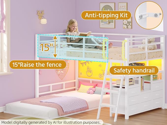 busyaeh Bunk Bed Twin Over Twin,Low Bunk Bed with 8 Drawers & 4 Shelves & 15" H Safety Guardrail,Metal L-Shaped Twin Bunk Bed with LED Lights and Charging Station,Floor Bunk Beds with Ladder,White