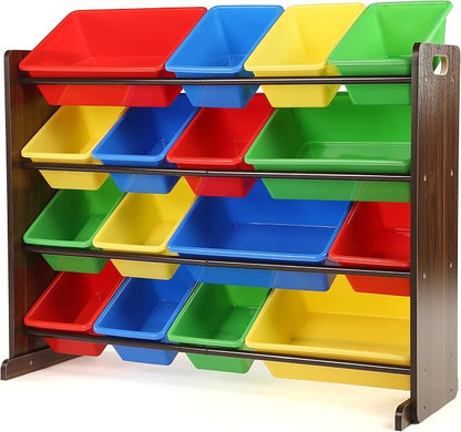 Humble Crew Toy Storage Organizer with 16 Removable Storage Bins for Kids Playroom, 4-Tier Toddler Toy Organization and Storage, Walnut/Primary