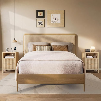 Nasonet Night Stand Set 2, Fluted End Table Set of 2, Modern Nightstand with Charging Station, Wood Bedside Table with Storage Drawer for Bedroom, Natural Oak