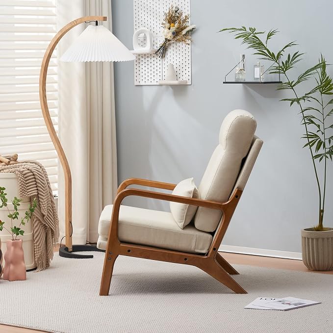 Karl home Accent Chair High Back Mid-Century Modern, Beige | Line Fabric Upholstered, Walnut Color Solid Rubber Wood Frame, Soft Cushion with Pillow, For Living Room, Bedroom, Balcony