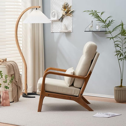 Karl home Accent Chair High Back Mid-Century Modern, Beige | Line Fabric Upholstered, Walnut Color Solid Rubber Wood Frame, Soft Cushion with Pillow, For Living Room, Bedroom, Balcony