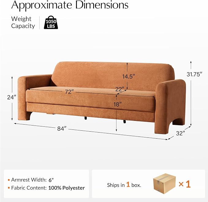HULALA HOME 84" Modern Curved Sofa, 3 Seater Sofa for Living Room, Orange