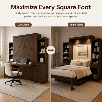 Queen Murphy Bed with Desk, Wall Bed Cabinet with Storage Shelves, Enclosed Cabinets and Hidden Foldout Workstation, Folding Cabinet Bed, Space Saving Bed for Guest Room, Home Office (Dark Brown)