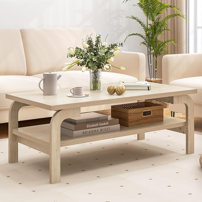 Giantex 2-Tier Coffee Table with Storage, 47” Mid Century Rectangle Accent Table with Open Shelf, Large Tabletop & Curved Legs, Rustic Style Wood Cocktail, Center Table for Living Room, Natural