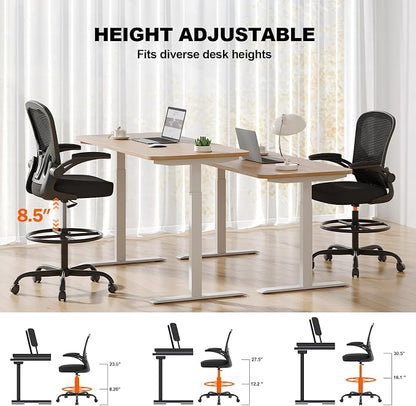 Synorla Ergonomic Drafting Chair, Tall Office Chair with Flip-up Armrests, Breathable Mesh High Desk Chair with Lumbar Support Adjustable Footrest Ring for Standing Desk Black