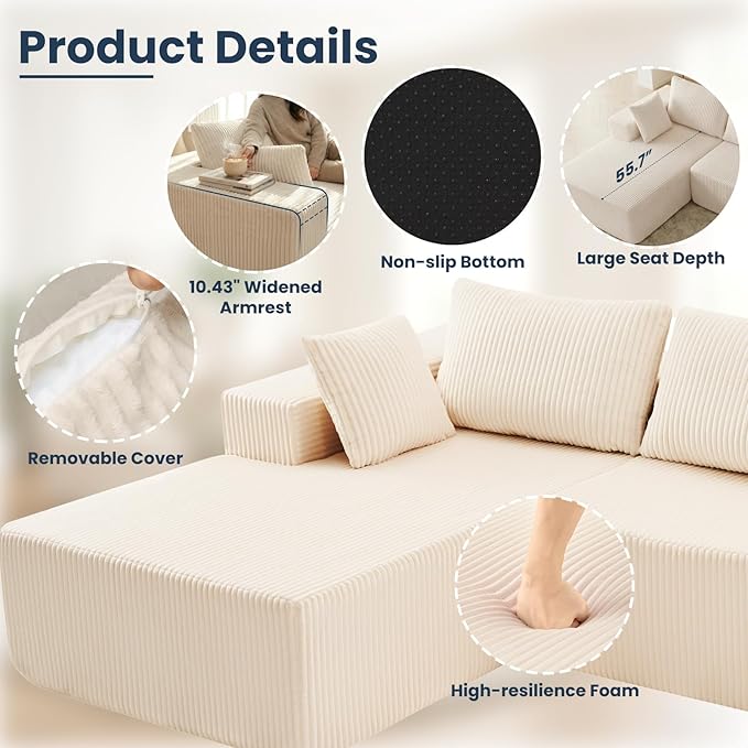 DUMOS 108" L-Shaped Sectional Boneless Couch for Living Room, Upholstered Corduroy Sofa with Deep Seat for Small Apartment, Bedroom, No Assembly in a Box, Left Facing Chaise, Beige