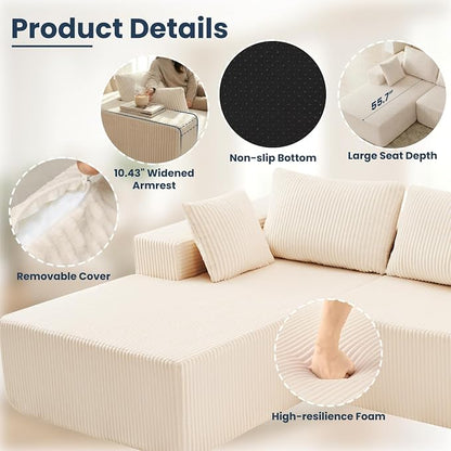 DUMOS 105" L-Shaped Sectional Boneless Couch for Living Room, Upholstered Corduroy Sofa with Deep Seat for Small Apartment, Bedroom, No Assembly in a Box, Left Facing Chaise, Beige