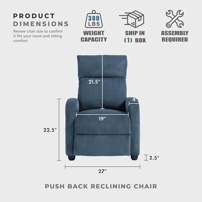 Lexicon Corduroy Pushback Recliner Chair Armchair Push Back Recliner, Solid Wood Frame and Metal Base, Easy Assembly Small Soft Single Sofa Accent Chair for Living Room/Office/Apartment, Midnight Blue