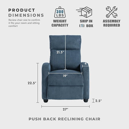 Lexicon Corduroy Pushback Recliner Chair Armchair Push Back Recliner, Solid Wood Frame and Metal Base, Easy Assembly Small Soft Single Sofa Accent Chair for Living Room/Office/Apartment, Midnight Blue