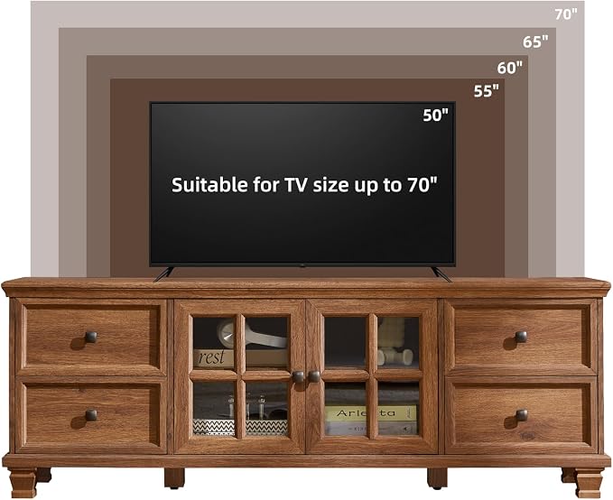 SAVOR LIFE Farmhouse TV Stands for Living Room, Rustic Entertainment Center with 4 Drawers & Thickened Top & Square Wooden Legs for 65 inch TV, Brown