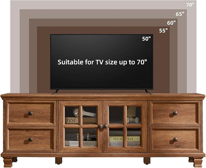 SAVOR LIFE Farmhouse TV Stands for Living Room, Rustic Entertainment Center with 4 Drawers & Thickened Top & Square Wooden Legs for 65 inch TV, Brown