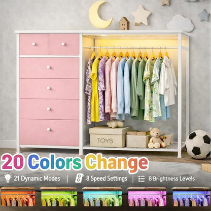 Simple Deluxe Storage Clothes Rack with 6 Drawers, Charging Station & LED Lights, Fabric Chest Shelves Clothing Rack, Wooden Portable Wardrobe Closet, 49.2" W x 15.7" D x 47.2" H, PINK