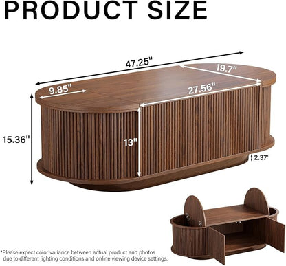 HSH 47" Oval Coffee Table with Storage, Walnut Coffee Table for Living Room | Modern Center Table with Press Type Door, Fluted Living Room Tables with 2 Flip-Top Hidden Lids, Wood Table
