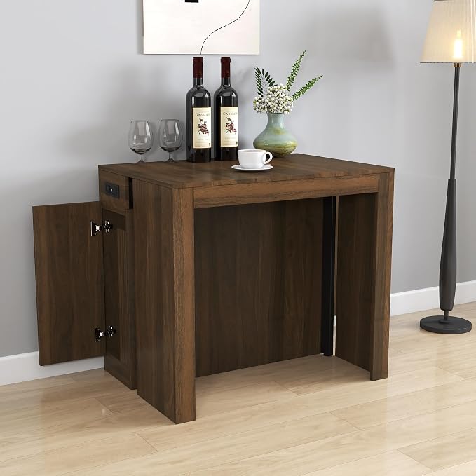 24"-118" Extendable Dining Table with Storage for 2-12 People, Modern Space-Saving Extra Long Wood Folding Table with USB & AC Outlets, Multifunctional Conference Meeting Table, Walnut