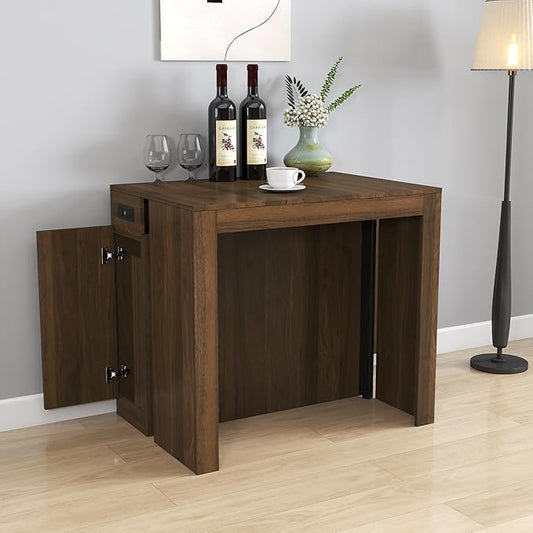 Expandable Dining Table, Transformer Console Table with Charging Ports & Storage, Extendable Folding Dining Room Table for 10-12 People, Space Saving Furniture, Walnut