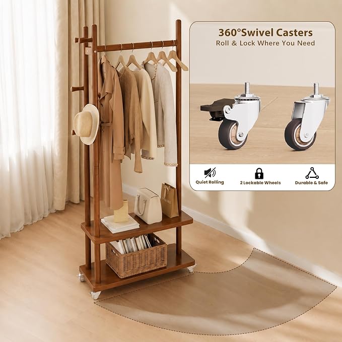 Solid Wood Coat Rack Freestanding, Coat Rack Stand with 2 Shelves & 4 Hooks, Coat Tree for Entryway, Hallway, Bedroom, Living Room, Office - Clothing Rack for Coats, Hats, Bags (Walnut-L-Wheel)