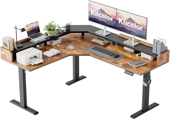Klicelor L Shaped Electric Standing Desk 63 x 55 inch with Shelf, Height Adjustable Corner Desk, Sit Stand Desk with Storage Shelf, Home Office Computer Table, Rustic Brown
