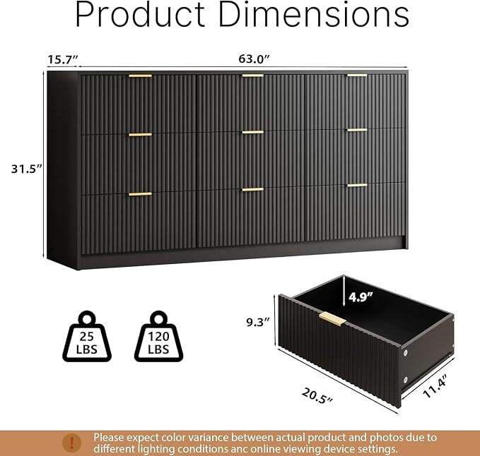 MAISONARIA 3-Piece Dresser Bedroom Set, 9 Drawer Dresser & 3 Drawer Dresser with Gold Handles, Fluted Wood Chest of Drawers for Bedroom, Living Room, Entryway, Black