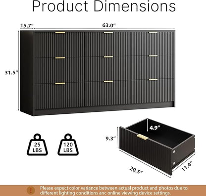 MAISONARIA 3-Piece Dresser Bedroom Set, 9 Drawer Dresser & 3 Drawer Dresser with Gold Handles, Fluted Wood Chest of Drawers for Bedroom, Living Room, Entryway, Black