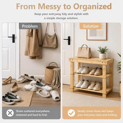 Shoe Rack Bench, 3-Tier Shoe Storage Organizer for Entryway , Shoe Shelf for Small Spaces, Multi-Functional Side Table Plant Stand, Shoe Stand for Bedroom, Living Room, Closet, Front Door, Natural