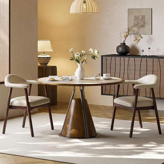 MALOL Leather Dining Chair with Armrest Set of 2, Upholstered Dining Room Chair with Curved Back and Wood Legs, Mid Century Modern Kitchen Chairs for Kitchen Dining Room,Khaki