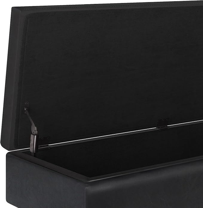 SIMPLIHOME Owen Rectangular Storage Ottoman - 48 inch Wide Upholstered Vegan Leather Lift-Top Ottoman in Midnight Black, Mid-Century Modern Ottoman for Living Room with Tufted Detail