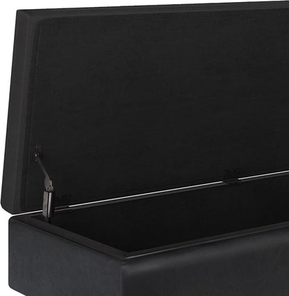 SIMPLIHOME Owen Rectangular Storage Ottoman - 48 inch Wide Upholstered Vegan Leather Lift-Top Ottoman in Midnight Black, Mid-Century Modern Ottoman for Living Room with Tufted Detail