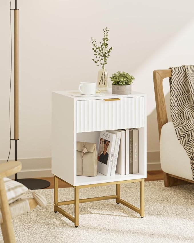 Masupu White Nightstand, Fluted Night Stand, Wood Bedside Table with Storage Drawer, Modern Side End Table for Bedroom, White