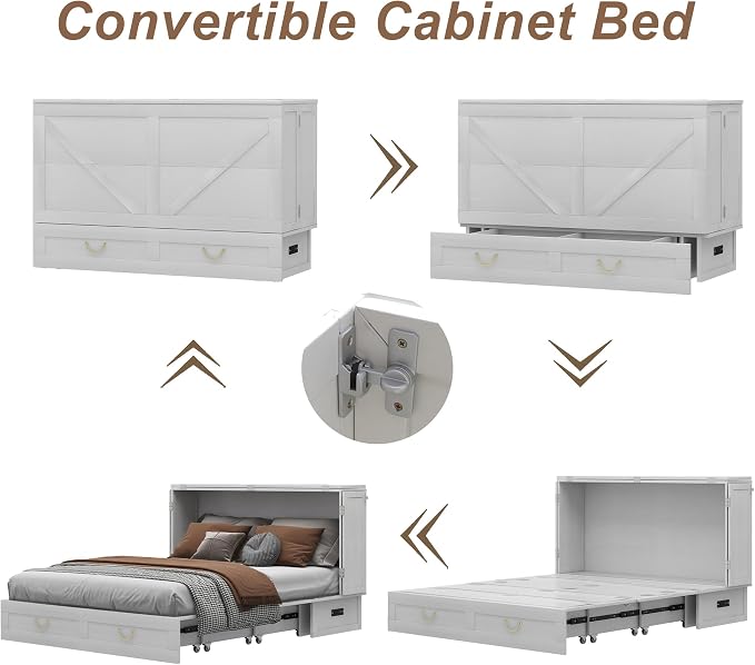 Solid Wood Murphy Bed Cabinet：Queen Size Murphy Bed with USB Charging Station and Large Storage Drawer for Home，Optimize Sleeping Space（Mattress Not Included） White Brown-14