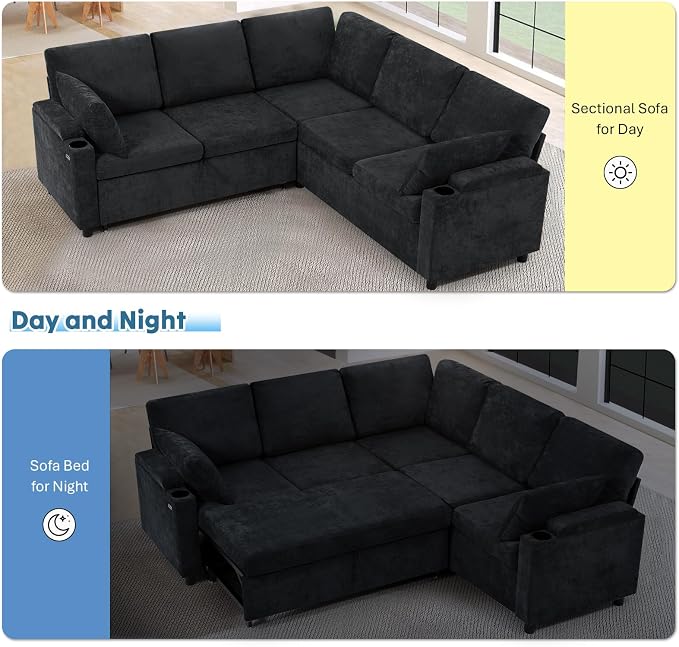 85" Chenille Sectional Sofa w/Pull Out Bed & Storage Space, Black | Upholstery L Shaped Couch w/Cup Holders, Modern Corner Sofa w/USB Charging Port & Throw Pillow for Living Room
