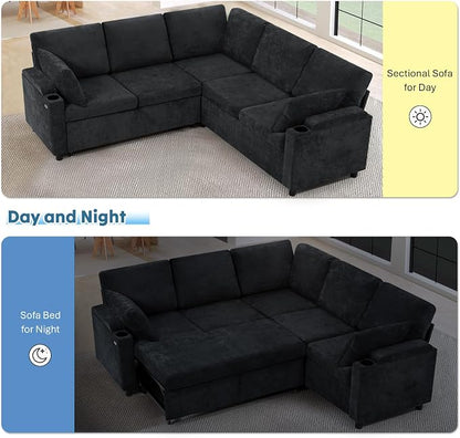 85" Chenille Sectional Sofa w/Pull Out Bed & Storage Space, Black | Upholstery L Shaped Couch w/Cup Holders, Modern Corner Sofa w/USB Charging Port & Throw Pillow for Living Room